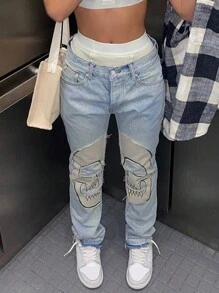 GILIPUR Women's Skull Print Straight Leg Loose Casual Jeans Streetwear Halloween Costumes Fall Clothes Style Gothic Clothes Outfits Vintage Clothes Going Out Outfits - Blue - View 2