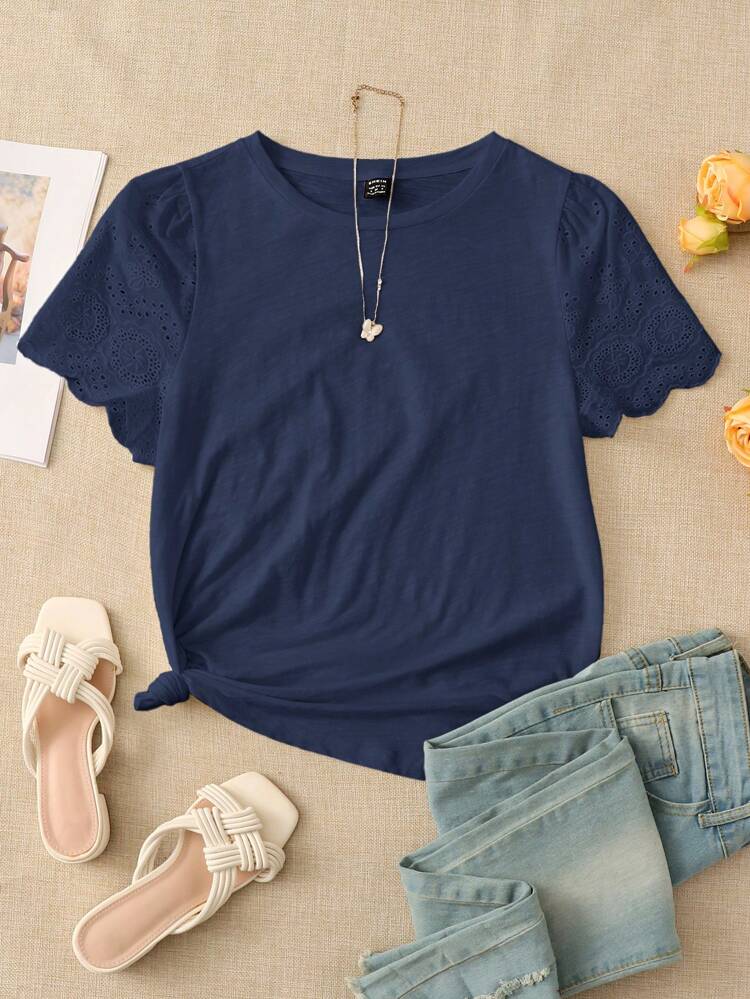 Solid Eyelet Embroidery Tee