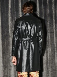 GENTILAND Nam Đôi ngực Thắt lưng chất liệu da PU Áo khoác - màu đen - Xem 2