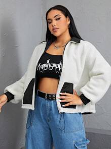 SHEIN EZwear Plus Drawstring Hem Contrast Collar Teddy Jacket