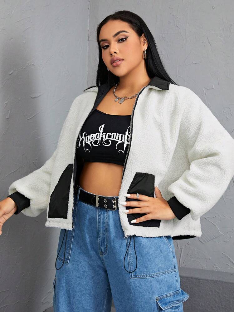 Plus Drawstring Hem Contrast Collar Teddy Jacket