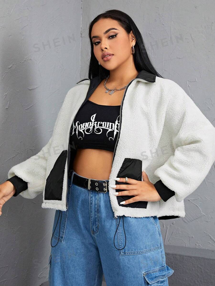 SHEIN EZwear Talla grande Cazadora teddy bajo con cordón de cuello en contraste - Blanco y Negro - Ver 1