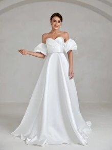 Faeriesty Off Shoulder Puff Sleeve Satin Wedding Dress - White - View 3