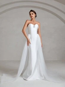 Floor Length Mesh Tube Wedding Dress - White - View 3