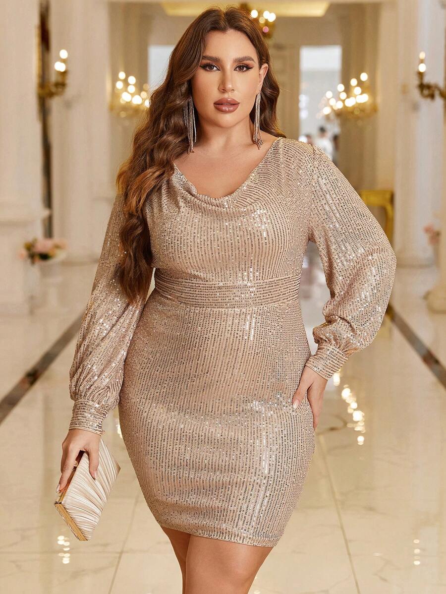 SHEIN Belle 大碼垂領燈籠袖亮片緊身洋裝 - 香檳色 - 查看 1
