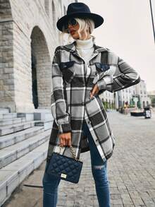 SHEIN Essnce 格紋翻蓋口袋落肩袖花呢外套 - 灰色 - 查看 5