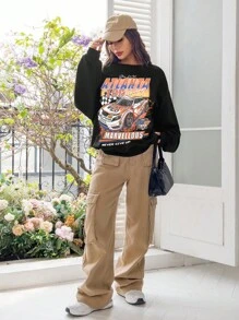 SHEIN EZwear Women's European And American Style Loose Fit Sweatshirt With Racing Slogan Print - Black - View 6