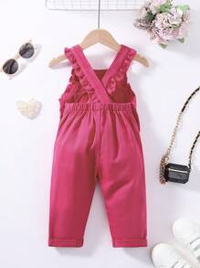 女嬰褶邊口袋貼布牛仔背帶褲 - 玫紅色 - 查看 2