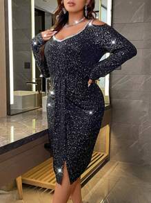 Allurite Hơn Vai lạnh Xù Viền chia cắt Váy bodycon - màu đen - Xem 7