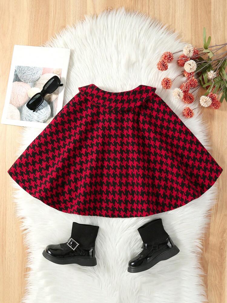 Young Girl Houndstooth Print Peter Pan Collar Bow Front Tweed Cape Overcoat