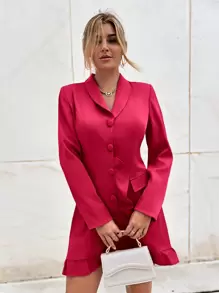 SHEIN Privé 青果領荷葉邊下擺鈕扣前荷葉邊洋裝
