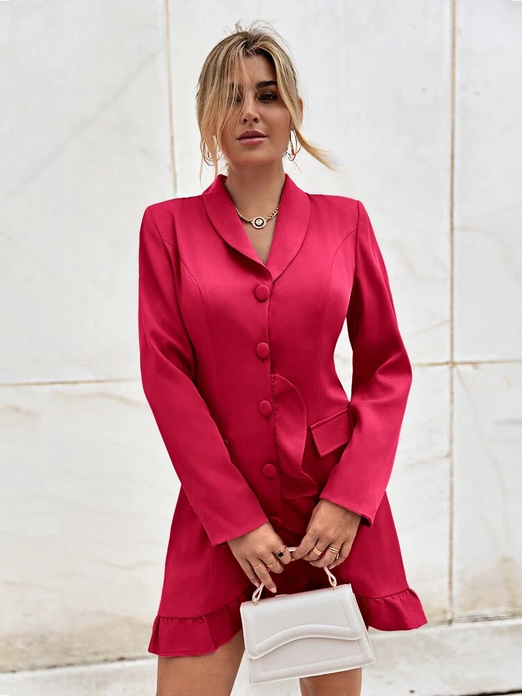 Shawl Collar Ruffle Hem Button Front Ruffle Trim Dress