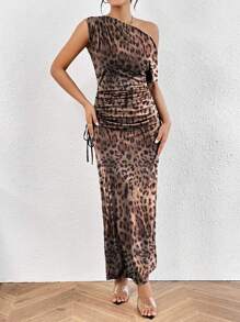 Rafferiza 秋季性感豹纹露肩抽绳腰修身女士长款连衣裙 - 卡其色 - 查看 6