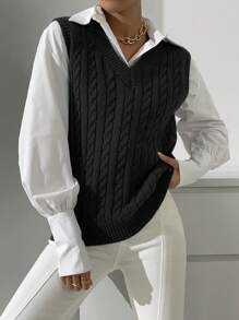 Chiquease Cable Knit Sweater Vest Without Blouse - Black - View 6