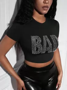 Slaydiva 水鑽字母圖案短款T恤 - 黑色 - 查看 5