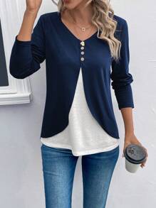 SHEIN LUNE Chi tiết nút hai tông màu 2 trong 1 Tee - Màu xanh hải quân - Xem 3