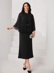 Modelyn Pleated Cloak Sleeve Top & Solid Dress - Black - View 4