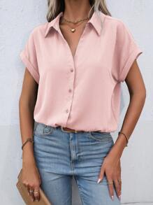 EMERY ROSE Batwing Sleeve Button Front Shirt - Dusty Pink - View 4