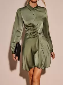 SHEIN Clasi Ruched Front Shirt Dress - Army Green - View 3