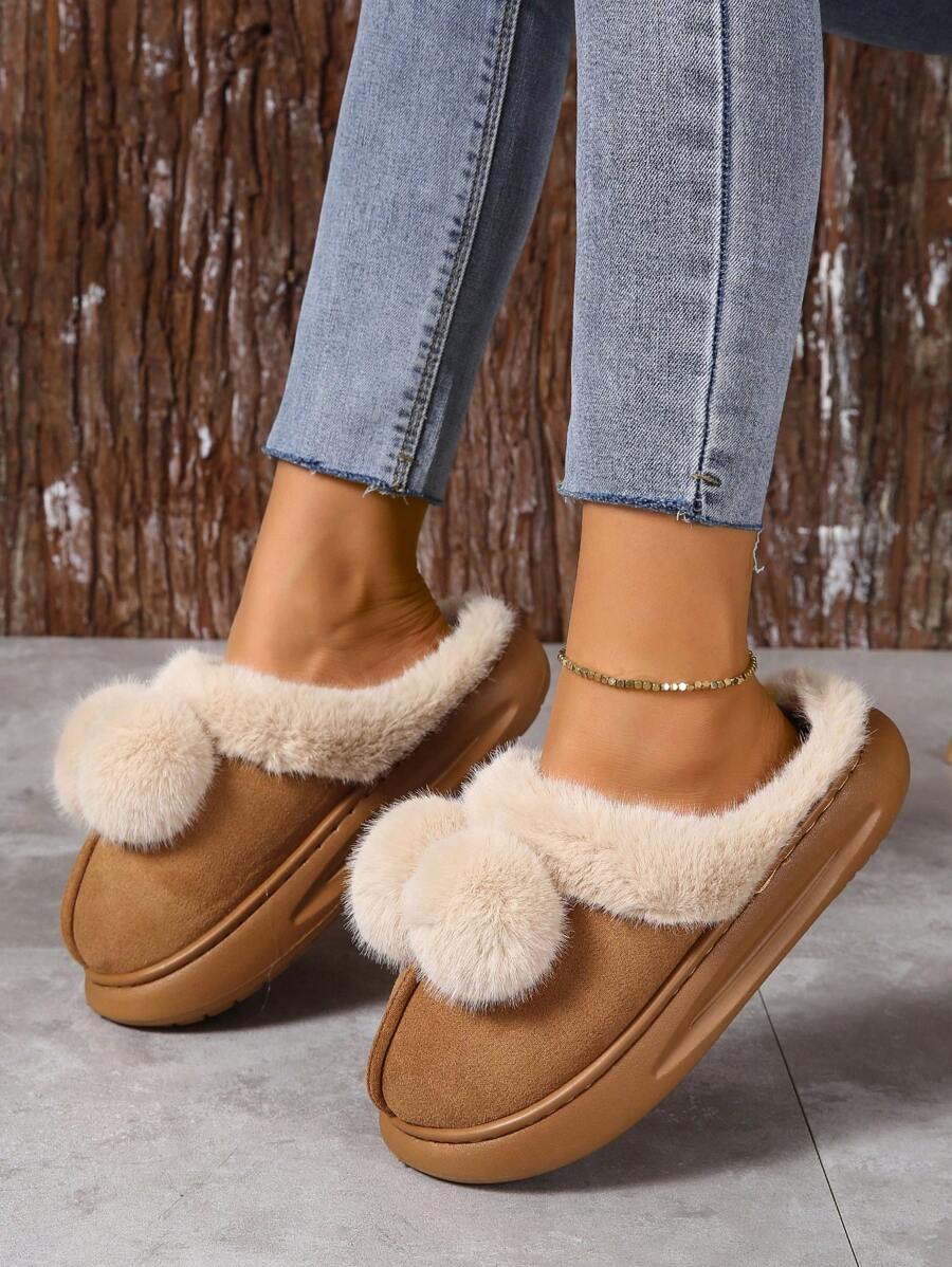 Women's Fashionable Home Slippers With Plush Material - Brown - View 1