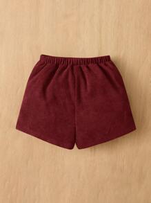 SHEIN Baby Girl Solid Color Elastic Waist Straight-Leg Corduroy Shorts With Front Button - Burgundy - View 2