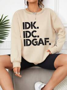 SHEIN EZwear 字母圖案落肩袖運動衫 - 杏色 - 查看 4