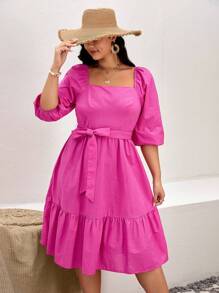 SHEIN VCAY Plus Square Neck Puff Sleeve Ruffle Hem Belted Dress