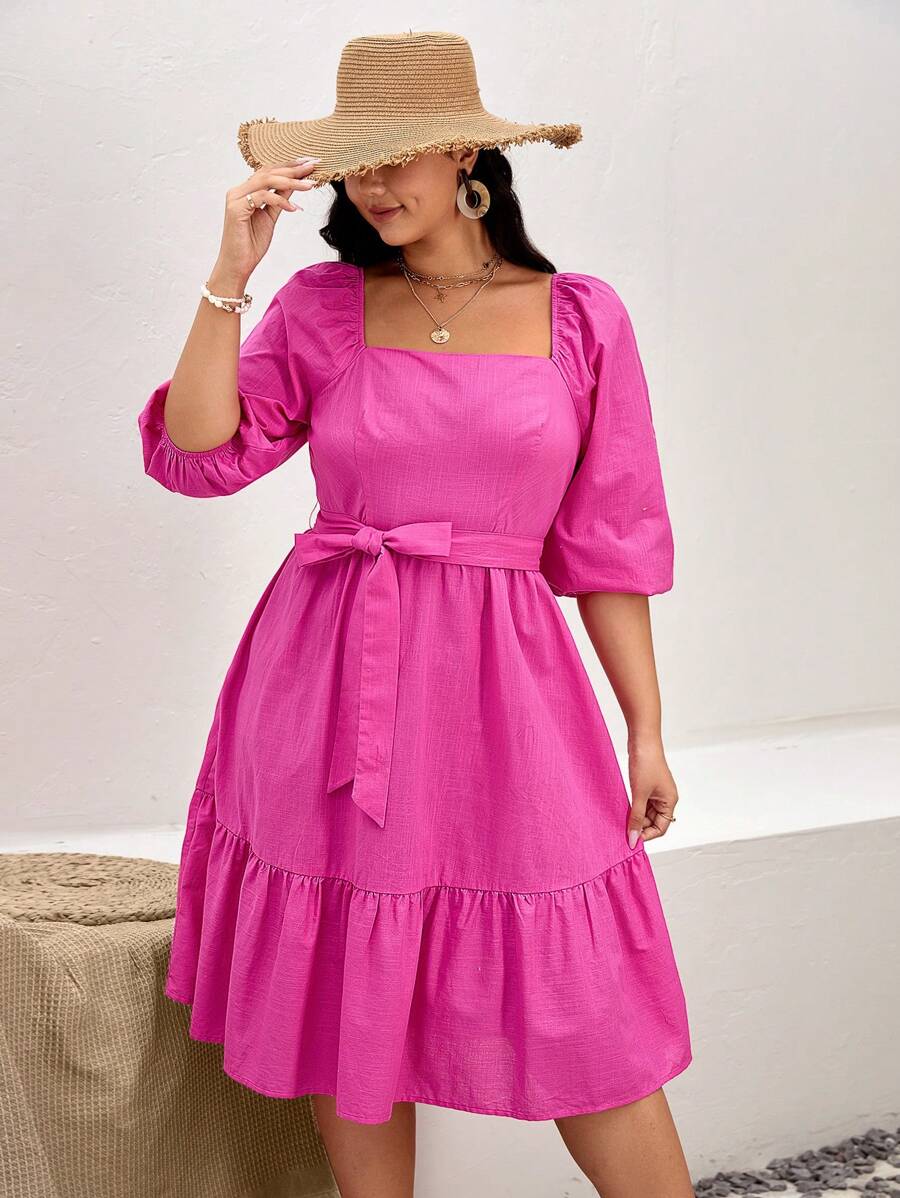 SHEIN VCAY Plus Square Neck Puff Sleeve Ruffle Hem Belted Dress