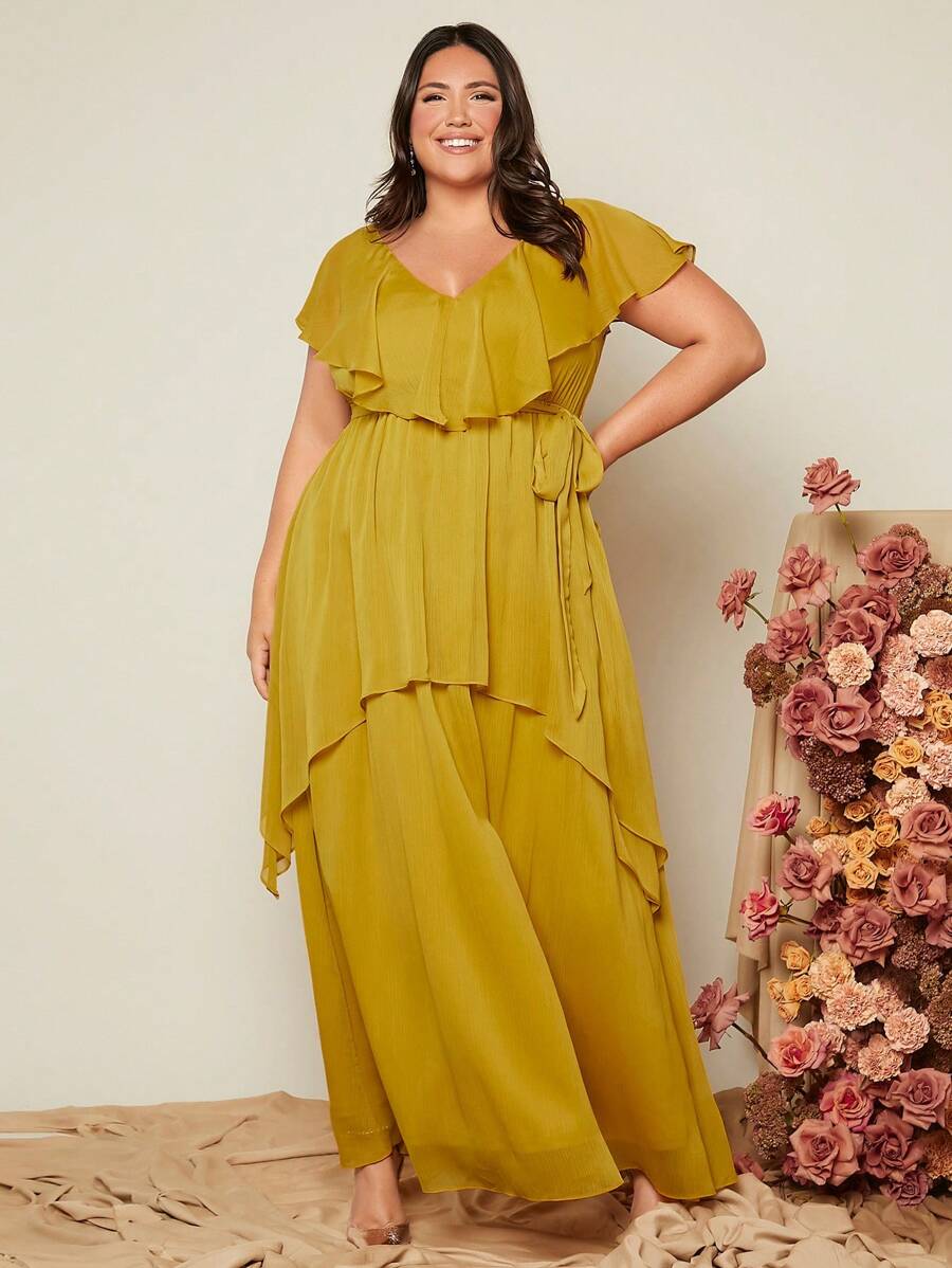 SHEIN Belle Talla grande Vestido de dama de honor ribete con fruncido de gasa maxi - Amarillo - Ver 1