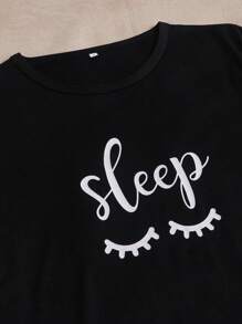 Letter Graphic Tee & Shorts & Pants PJ Set / Pajama Set - Multicolor - View 3