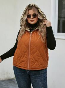 SHEIN LUNE 加豹紋拉鍊連帽背心絎縫外套 - 珊瑚橙 - 查看 5