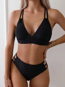 SHEIN Swim Conjunto de bikini cruzado de verano para playa - Negro - Ver 4