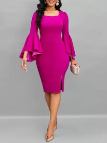 SHEIN Lady Flounce Sleeve Split Thigh Bodycon Dress - Hot Pink - View 1
