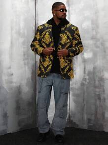 Manfinity VCAY Men Plus Baroque Print Lapel Neck Blazer, For Fall Winter - Multicolor - View 4