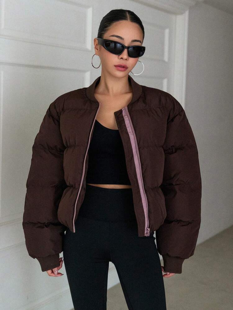 Zip Up Baseball Collar Thick Pockets Coat, Women Winter Coats Jacket