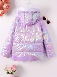 SHEIN Tween Girl Flap Pocket Fuzzy Trim Hooded Holographic Padded Coat