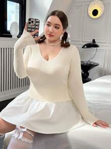 Flirla Plus Solid V Neck Sweater Knit Pullover Fall Winter Sweater - Apricot - View 1