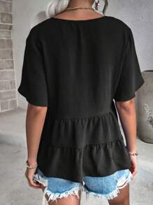 SHEIN LUNE Solid V-Neck Ruffle Hem Blouse Peplum Top