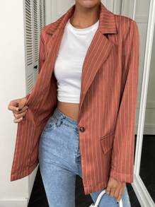 Chiquease 條紋印花單釦西裝外套 - 鏽棕色 - 查看 6