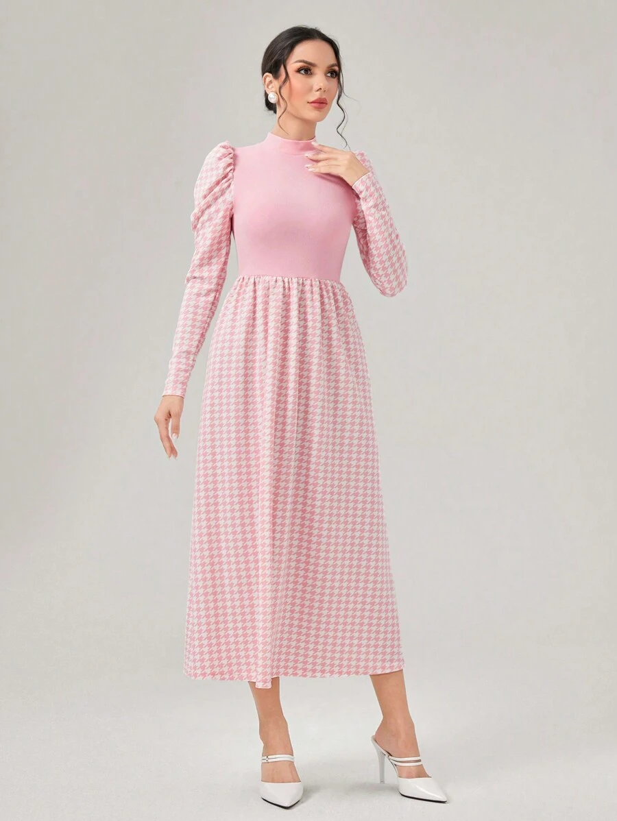 Modelyn In Houndstooth Tay áo Đầm - Hồng - Xem 1
