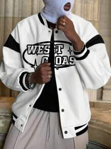 Manfinity EMRG Loose Fit Men's Slogan Graphic Striped Accent Drop Shoulder Varsity Jacket Without Hoodie - White - View 1