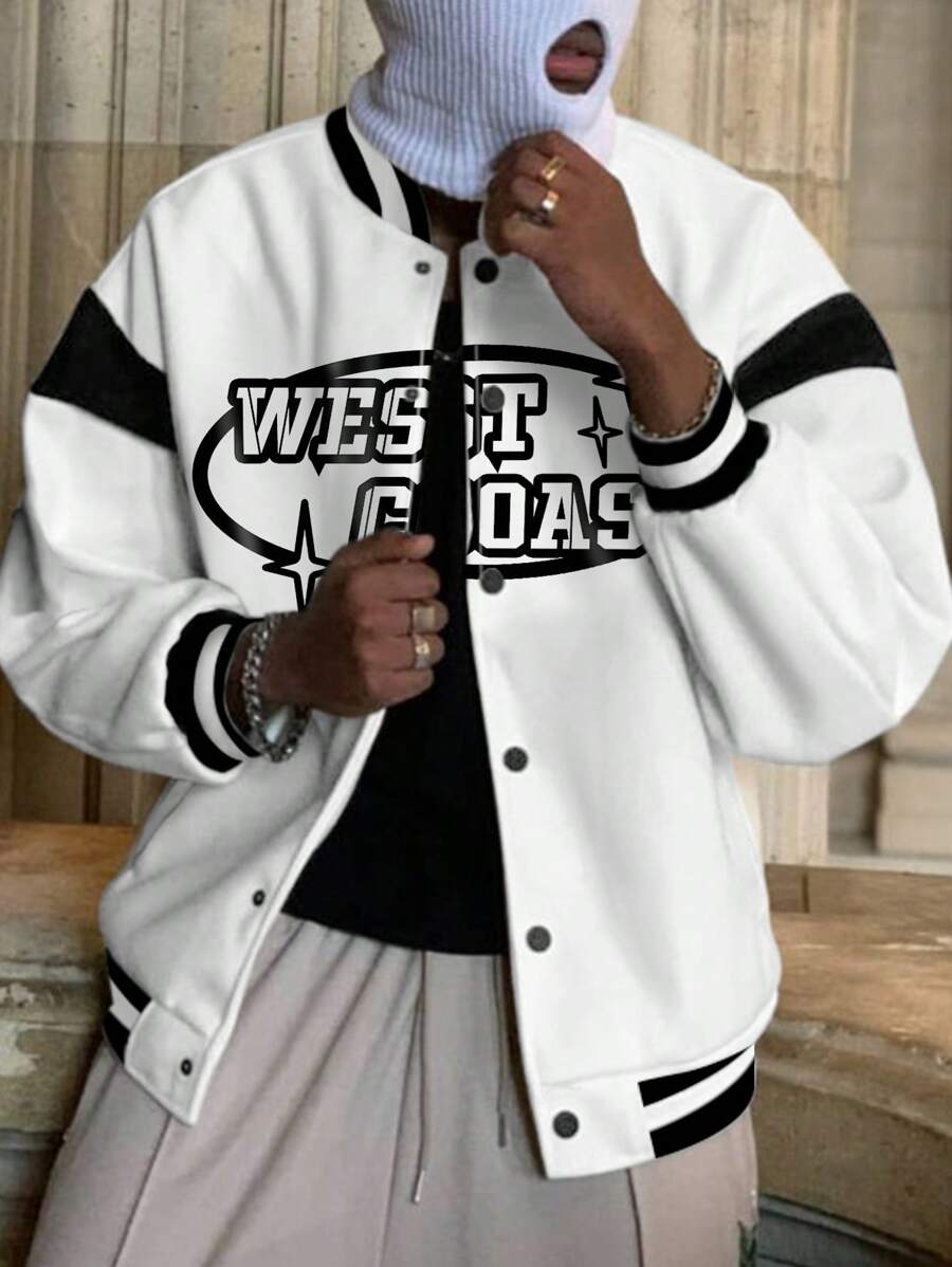 Manfinity EMRG Loose Fit Men's Slogan Graphic Striped Accent Drop Shoulder Varsity Jacket Without Hoodie - White - View 1