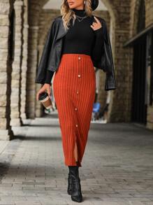 SHEIN Clasi Button Detail Split Thigh Ribbed Knit Skirt - Rust Brown - View 3