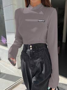 DAZY Áo thun cổ giả có vá chữ chi tiết - Bụi tím - Xem 5