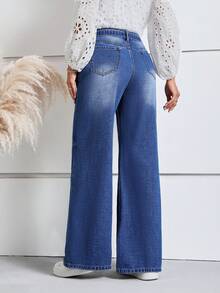 SHEIN LUNE 配腰帶闊腿牛仔褲 - 中等水洗藍 - 查看 2