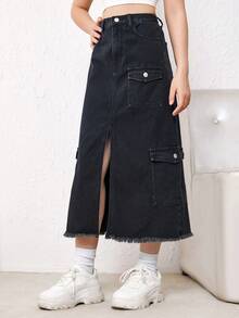 SHEIN 青少年女孩翻蓋口袋高衩毛邊牛仔半身裙 - 黑色 - 查看 3