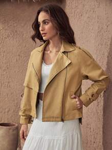 Bohemela 西裝領拉鏈開襟摩托風衣外套 - 卡其色 - 查看 4