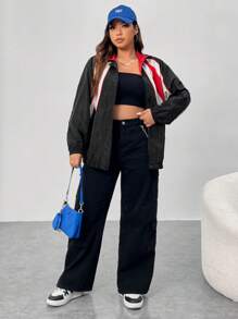 SHEIN EZwear Plus Colorblock Contrast Piping Zip Up Windbreaker Jacket - Multicolor - View 5