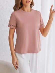 SHEIN Frenchy Solid Hollow Out Detail Tee - Pink - View 4