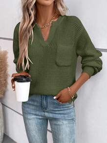 SHEIN LUNE Notched Neck Pocket Patched Drop Shoulder Sweater - Army Green - View 1